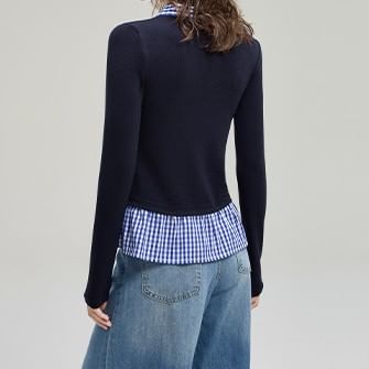Mock Two-Piece Tie-Neck Gingham Panel Button-Up Cardigan