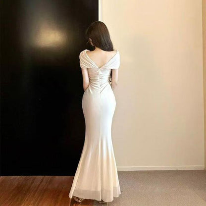 Strapless Lace Panel Ruched Mermaid Evening Gown