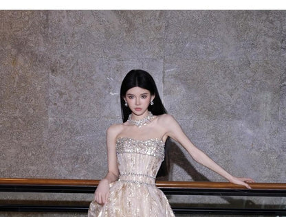 Strapless Choker-Neck Sequined Patterned A-Line Evening Gown