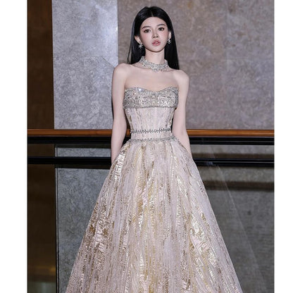 Strapless Choker-Neck Sequined Patterned A-Line Evening Gown