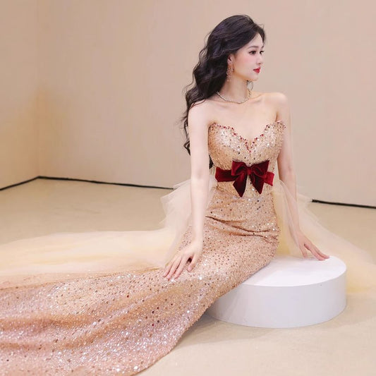 Strapless Sequined Velvet Bow Mesh Bow Back Bodycon Evening Gown