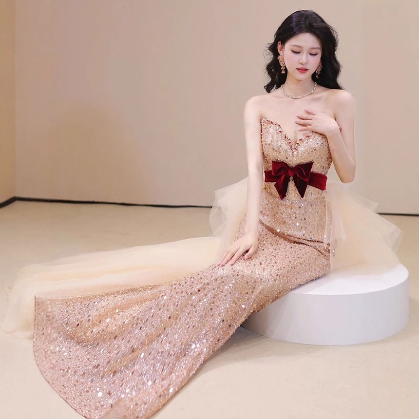Strapless Sequined Velvet Bow Mesh Bow Back Bodycon Evening Gown
