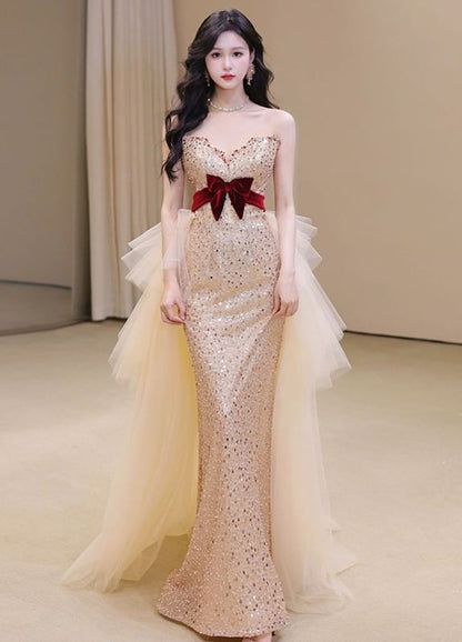 Strapless Sequined Velvet Bow Mesh Bow Back Bodycon Evening Gown