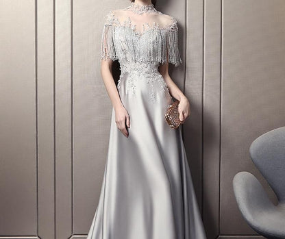 Cape-Sleeve Tasseled Mesh Panel Satin A-Line Evening Gown