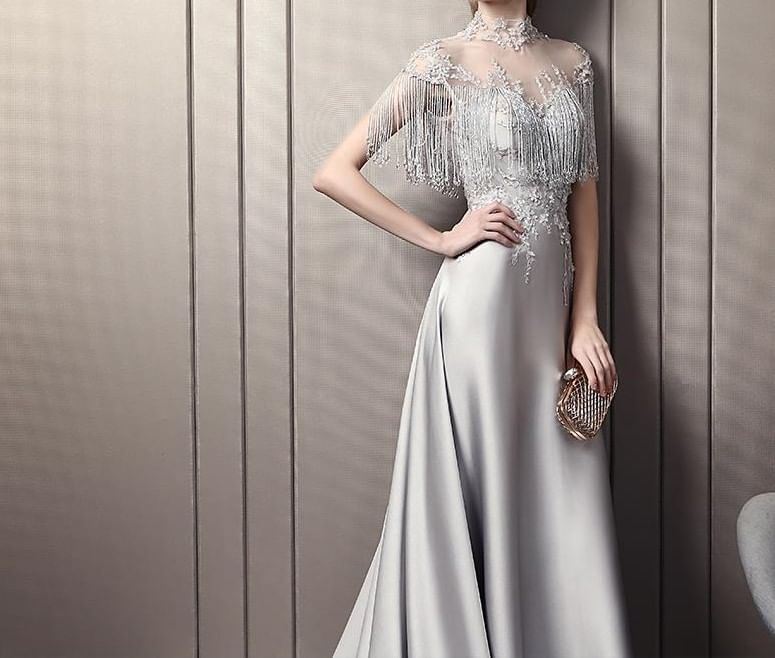 Cape-Sleeve Tasseled Mesh Panel Satin A-Line Evening Gown