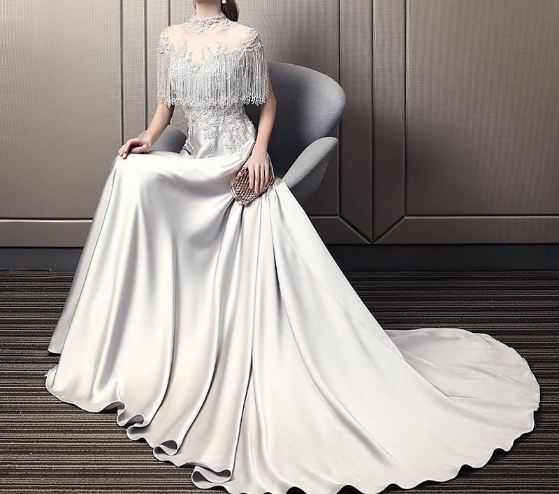 Cape-Sleeve Tasseled Mesh Panel Satin A-Line Evening Gown