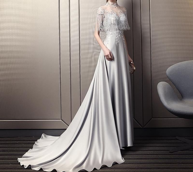 Cape-Sleeve Tasseled Mesh Panel Satin A-Line Evening Gown