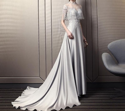 Cape-Sleeve Tasseled Mesh Panel Satin A-Line Evening Gown