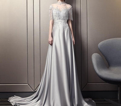 Cape-Sleeve Tasseled Mesh Panel Satin A-Line Evening Gown