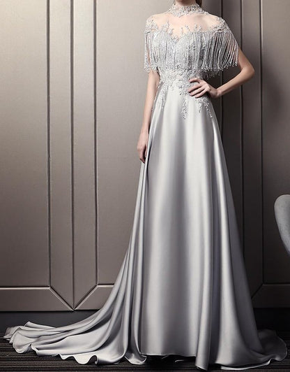 Cape-Sleeve Tasseled Mesh Panel Satin A-Line Evening Gown