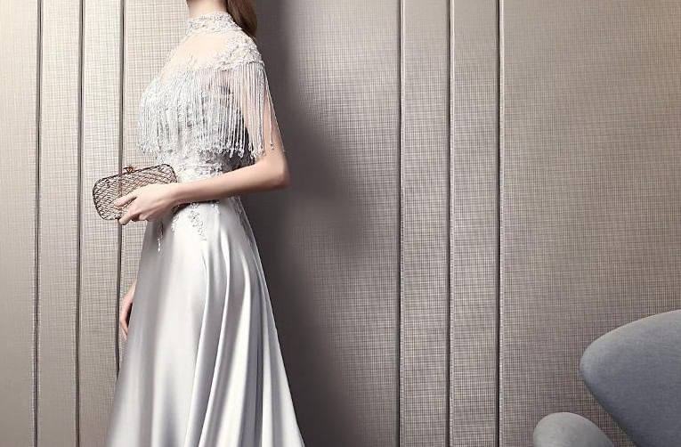Cape-Sleeve Tasseled Mesh Panel Satin A-Line Evening Gown