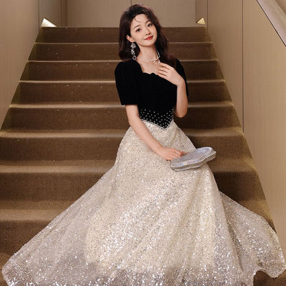 Short-Sleeve Square-Neck Two-Tone Sequined A-Line Evening Gown