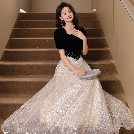 Short-Sleeve Square-Neck Two-Tone Sequined A-Line Evening Gown