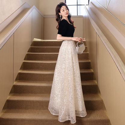 Short-Sleeve Square-Neck Two-Tone Sequined A-Line Evening Gown