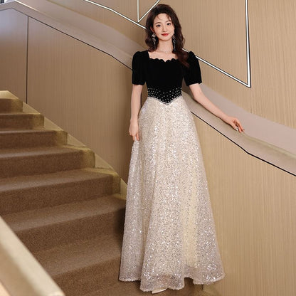 Short-Sleeve Square-Neck Two-Tone Sequined A-Line Evening Gown