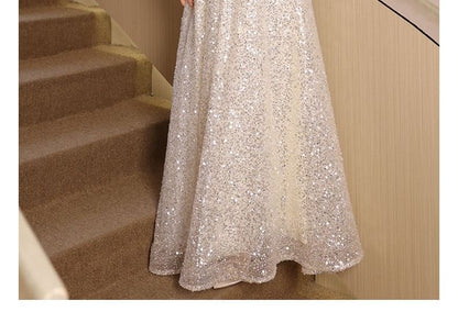 Short-Sleeve Square-Neck Two-Tone Sequined A-Line Evening Gown