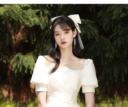 Puff-Sleeve Mesh Panel Shirred A-Line Wedding Gown