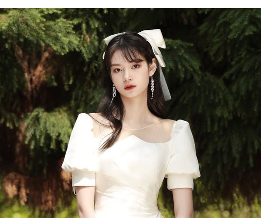 Puff-Sleeve Mesh Panel Shirred A-Line Wedding Gown