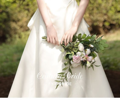 Puff-Sleeve Mesh Panel Shirred A-Line Wedding Gown