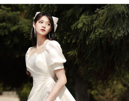 Puff-Sleeve Mesh Panel Shirred A-Line Wedding Gown