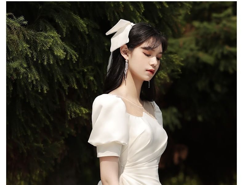 Puff-Sleeve Mesh Panel Shirred A-Line Wedding Gown
