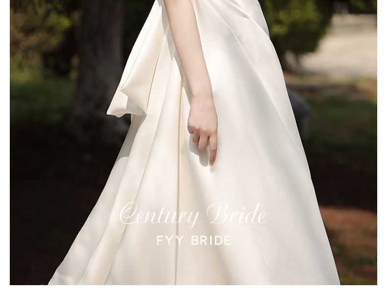Puff-Sleeve Mesh Panel Shirred A-Line Wedding Gown