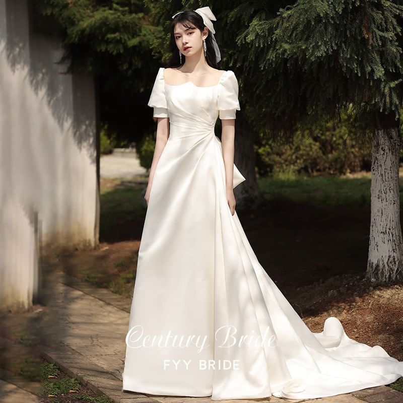 Puff-Sleeve Mesh Panel Shirred A-Line Wedding Gown