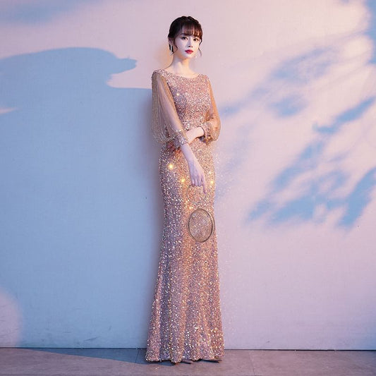 3/4-Sleeve Sequined Mermaid Evening Gown