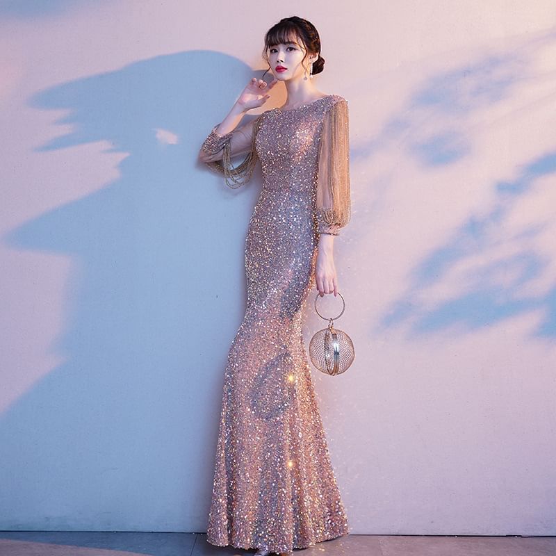 3/4-Sleeve Sequined Mermaid Evening Gown
