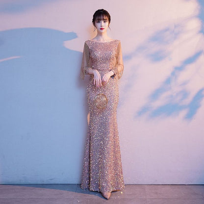 3/4-Sleeve Sequined Mermaid Evening Gown