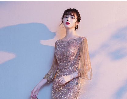 3/4-Sleeve Sequined Mermaid Evening Gown