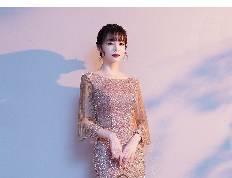 3/4-Sleeve Sequined Mermaid Evening Gown