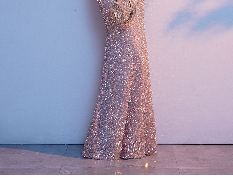 3/4-Sleeve Sequined Mermaid Evening Gown
