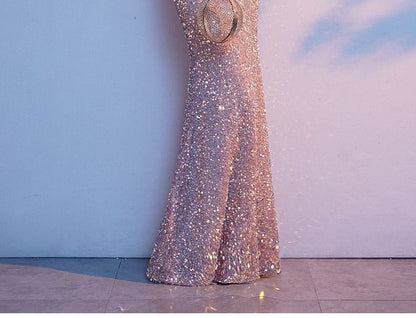 3/4-Sleeve Sequined Mermaid Evening Gown