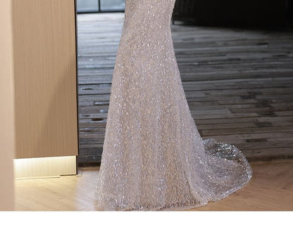 Strapless Sequined Mermaid Evening Gown / Fluffy Cape