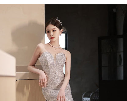 Strapless Sequined Mermaid Evening Gown / Fluffy Cape