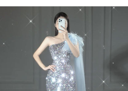 One-Shoulder Asymmetrical Sequined Mesh Panel Bodycon Evening Gown