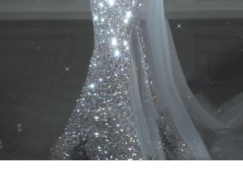 One-Shoulder Asymmetrical Sequined Mesh Panel Bodycon Evening Gown