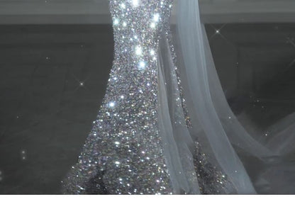 One-Shoulder Asymmetrical Sequined Mesh Panel Bodycon Evening Gown