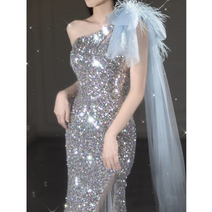 One-Shoulder Asymmetrical Sequined Mesh Panel Bodycon Evening Gown