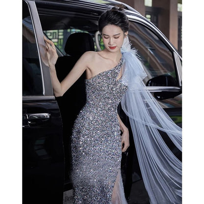 One-Shoulder Asymmetrical Sequined Mesh Panel Bodycon Evening Gown