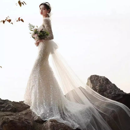 Long-Sleeve Square-Neck Bow Back Lace Mermaid Wedding Gown