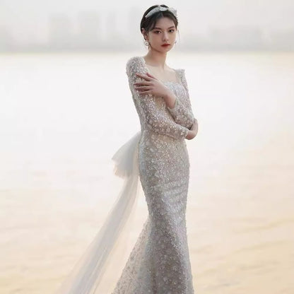 Long-Sleeve Square-Neck Bow Back Lace Mermaid Wedding Gown