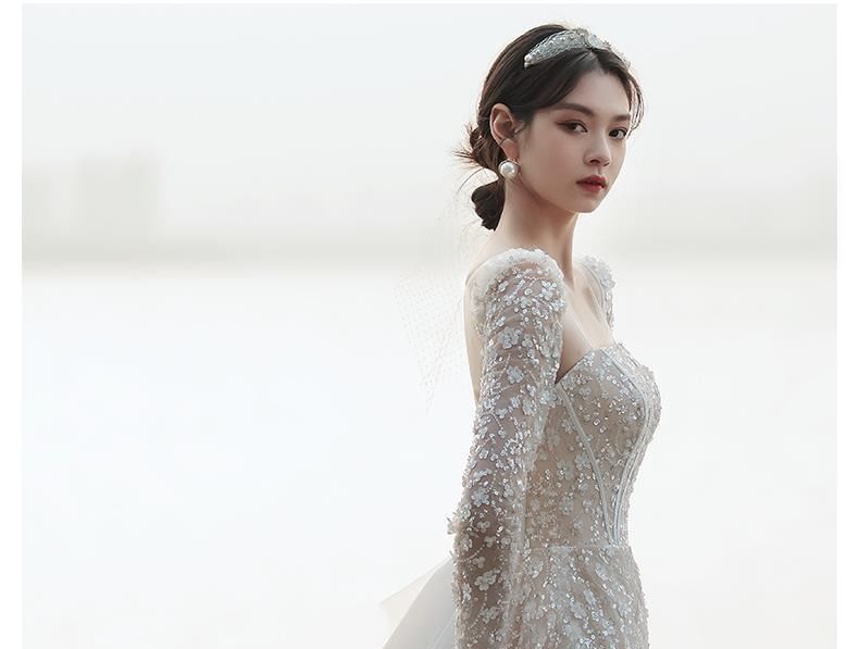 Long-Sleeve Square-Neck Bow Back Lace Mermaid Wedding Gown