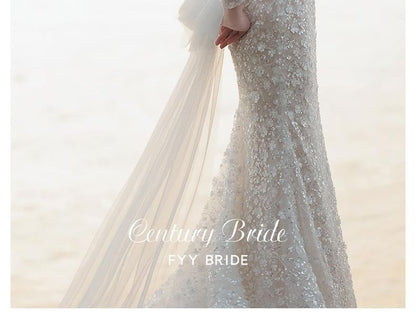 Long-Sleeve Square-Neck Bow Back Lace Mermaid Wedding Gown