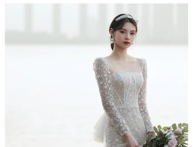 Long-Sleeve Square-Neck Bow Back Lace Mermaid Wedding Gown