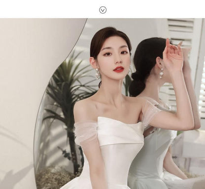 Off-Shoulder Mesh Panel A-Line Wedding Gown