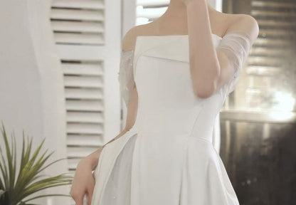 Off-Shoulder Mesh Panel A-Line Wedding Gown
