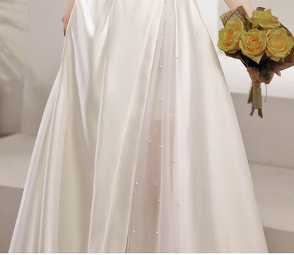 Off-Shoulder Mesh Panel A-Line Wedding Gown
