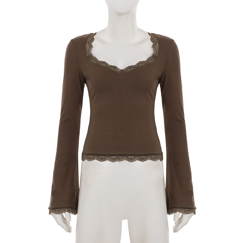 V-Neck Lace Panel Long Sleeve Top